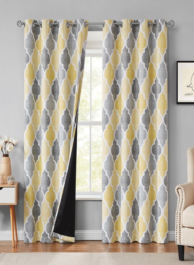 Beauoop 100% Blackout Curtains 96 Inches Long 2 Panels for Bedroom Living Room Yellow Grey Moroccan Geo Room Darkening Thermal Insulated Soundproof Grommet Top Window Treatments Drapes, 50x95 Set of 2 - Image 1